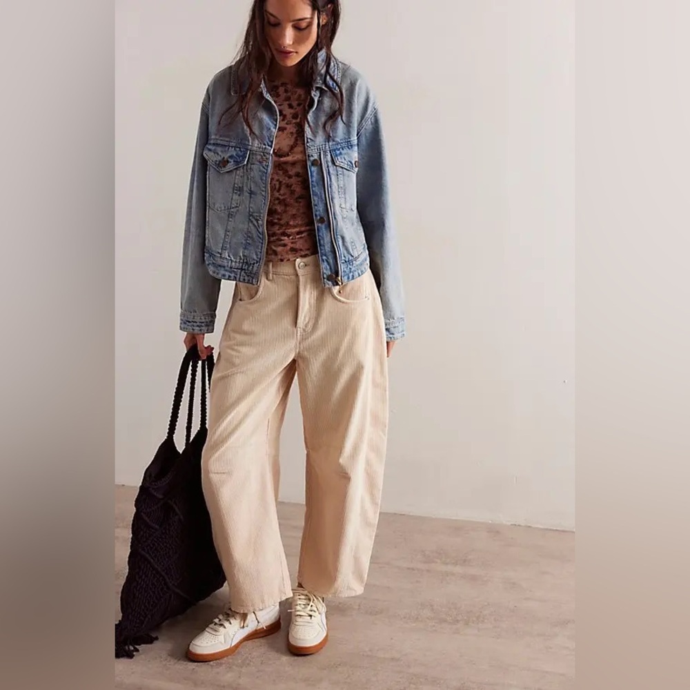 NWT FREE PEOPLE WE THE FREE Good Luck Cord Barrel Jeans | Crystal Grey MSRP $128
